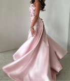 Niulatu Pink A-Line Strapless Satin Prom Dress with Appliques Train Evening Gowns HZ1103
