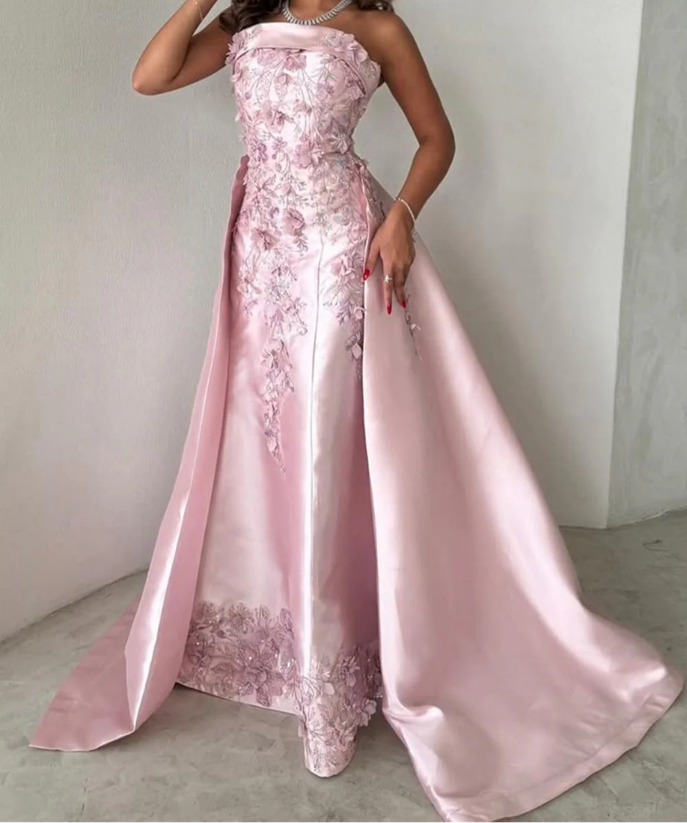 Niulatu Pink A-Line Strapless Satin Prom Dress with Appliques Train Evening Gowns HZ1103