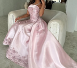 Niulatu Pink A-Line Strapless Satin Prom Dress with Appliques Train Evening Gowns HZ1103