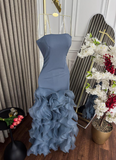 Niulatu Blue Mermaid Strapless Long Tulle Prom Dress with Ruffle Evening Gowns HZ1103