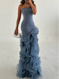 Niulatu Blue Mermaid Strapless Long Tulle Prom Dress with Ruffle Evening Gowns HZ1103