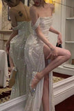 Niulatu A-Line Off the Shoulder Evening Gowns Silver Sequins Long Prom Dress with Split Front HZ1103