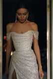 Niulatu A-Line Off the Shoulder Evening Gowns Silver Sequins Long Prom Dress with Split Front HZ1103