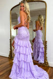 Niulatu Lilac Mermaid Spaghetti Straps Silt Prom Dress Backless Lace Applique Evening Dress with Ruffles HZ1103