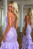 Niulatu Lilac Mermaid Spaghetti Straps Silt Prom Dress Backless Lace Applique Evening Dress with Ruffles HZ1103