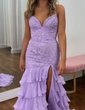 Niulatu Lilac Mermaid Spaghetti Straps Silt Prom Dress Backless Lace Applique Evening Dress with Ruffles HZ1103