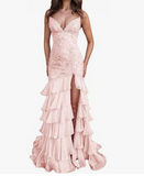 Niulatu Lilac Mermaid Spaghetti Straps Silt Prom Dress Backless Lace Applique Evening Dress with Ruffles HZ1103