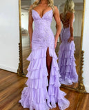Niulatu Lilac Mermaid Spaghetti Straps Silt Prom Dress Backless Lace Applique Evening Dress with Ruffles HZ1103