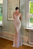 Niulatu Champagne Sheath Spaghetti Straps Mermaid Sequins Long Prom Dress for Party&Special Events HZ1103