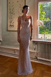 Niulatu Champagne Sheath Spaghetti Straps Mermaid Sequins Long Prom Dress for Party&Special Events HZ1103