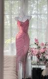 Niulatu Pink Chiffon Beaded Spaghetti Straps Short Prom Dresses Vintage Evening Gowns HZ1103