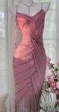 Niulatu Pink Chiffon Beaded Spaghetti Straps Short Prom Dresses Vintage Evening Gowns HZ1103