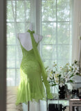 Niulatu Bud Green Sheath Short Prom Dresses Chiffon Beaded Backless Party Dress HZ1103