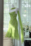 Niulatu Bud Green Sheath Short Prom Dresses Chiffon Beaded Backless Party Dress HZ1103