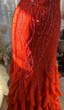 Niulatu Red Spaghetti Strap Chiffon Ruffle Beaded Sheath Long Prom Dresses HZ1103