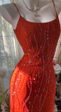 Niulatu Red Spaghetti Strap Chiffon Ruffle Beaded Sheath Long Prom Dresses HZ1103