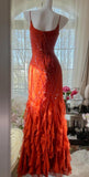 Niulatu Red Spaghetti Strap Chiffon Ruffle Beaded Sheath Long Prom Dresses HZ1103