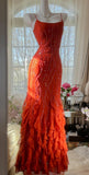 Niulatu Red Spaghetti Strap Chiffon Ruffle Beaded Sheath Long Prom Dresses HZ1103
