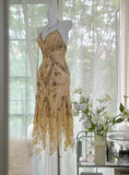 Niulatu Vintage Gold V-Neck Spaghetti Straps Lace Beading Short Prom Dresses HZ1103