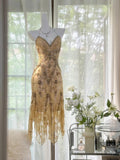 Niulatu Vintage Gold V-Neck Spaghetti Straps Lace Beading Short Prom Dresses HZ1103