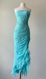 Niulatu Blue Chiffon Beaded Sheath Strapless Prom Dresses Formal Evening Dress with Ruffles HZ1103