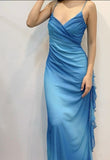 Niulatu Blue Glitter Chiffon Party Dress Spaghetti Straps Ruffles Long Prom Dresses HZ1103