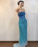Niulatu Gradient Blue Strapless Beaded Chiffon Sheath Prom Dresses Vintage Formal Evening Dress HZ1103