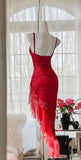 Niulatu Red Lace Spaghetti Straps Prom Dresses Vintage Party Dresses with Ruffles HZ1103