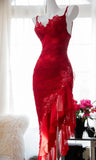 Niulatu Red Lace Spaghetti Straps Prom Dresses Vintage Party Dresses with Ruffles HZ1103