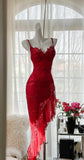 Niulatu Red Lace Spaghetti Straps Prom Dresses Vintage Party Dresses with Ruffles HZ1103