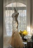 Niulatu Light Champagne Sweetheart Neck Tulle Sequin Mermaid Long Prom Dresses Elegant Party Dress HZ1103