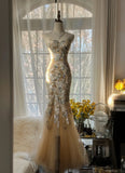 Niulatu Light Champagne Sweetheart Neck Tulle Sequin Mermaid Long Prom Dresses Elegant Party Dress HZ1103