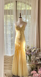 Niulatu Butter Yellow Mermaid Spaghetti Straps Tulle Sequin Long Prom Dresses Vintage Backless Evening Gowns HZ1103