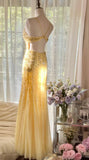 Niulatu Butter Yellow Mermaid Spaghetti Straps Tulle Sequin Long Prom Dresses Vintage Backless Evening Gowns HZ1103