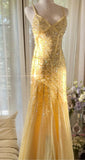 Niulatu Butter Yellow Mermaid Spaghetti Straps Tulle Sequin Long Prom Dresses Vintage Backless Evening Gowns HZ1103