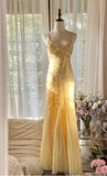 Niulatu Butter Yellow Mermaid Spaghetti Straps Tulle Sequin Long Prom Dresses Vintage Backless Evening Gowns HZ1103