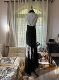 Niulatu Black and White High Waist Scoop Neck Beaded Chiffon Prom Dresses, Vintage Evening HZ1103