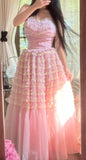 Niulatu Pink Tulle Layered A-line Strapless Birthday Prom Dresses Formal Evening Gowns HZ1103