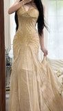 Niulatu Spaghetti Straps Beaded Chiffon Mermaid Prom Dresses Vintage Evening Gowns HZ1103