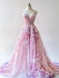 Niulatu Pink Purple Gradient Sweetheart Neck A-Line Tulle Applique Long Prom Dresses Unique Wedding Dress HZ1103