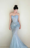 Niulatu Light Blue Mermaid Sweetheart Neck Tulle Beaded Long Prom Dresses Sweet Formal Evening Dresses HZ1103
