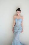 Niulatu Light Blue Mermaid Sweetheart Neck Tulle Beaded Long Prom Dresses Sweet Formal Evening Dresses HZ1103