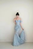 Niulatu Light Blue Mermaid Sweetheart Neck Tulle Beaded Long Prom Dresses Sweet Formal Evening Dresses HZ1103