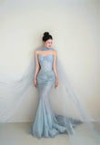 Niulatu Light Blue Mermaid Sweetheart Neck Tulle Beaded Long Prom Dresses Sweet Formal Evening Dresses HZ1103