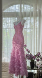Niulatu Pink Purple Spaghetti Straps Satin Beading Long Prom Dress Retro Backless Evening Gowns HZ1103