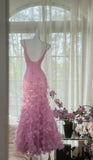Niulatu Pink Purple Spaghetti Straps Satin Beading Long Prom Dress Retro Backless Evening Gowns HZ1103