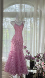 Niulatu Pink Purple Spaghetti Straps Satin Beading Long Prom Dress Retro Backless Evening Gowns HZ1103