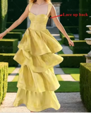 Niulatu Butter Yellow Sweetheart Neck A-Line Jacquard Satin Layered Long Prom Dresses Formal Evening Dress HZ1103