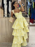 Niulatu Butter Yellow Sweetheart Neck A-Line Jacquard Satin Layered Long Prom Dresses Formal Evening Dress HZ1103