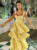 Niulatu Butter Yellow Sweetheart Neck A-Line Jacquard Satin Layered Long Prom Dresses Formal Evening Dress HZ1103